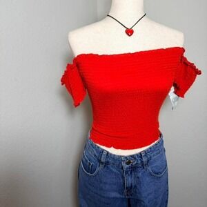 Almost Famous Red Crop Top XS Ruffled Sleeve